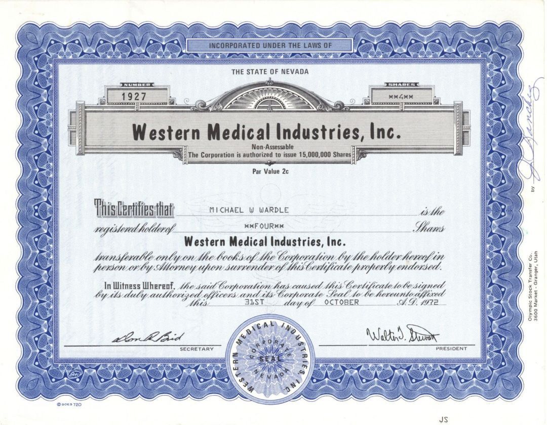 Western Medical Industries, Inc. - 1972 - 1975 Medical and Pharmaceutical Stock 