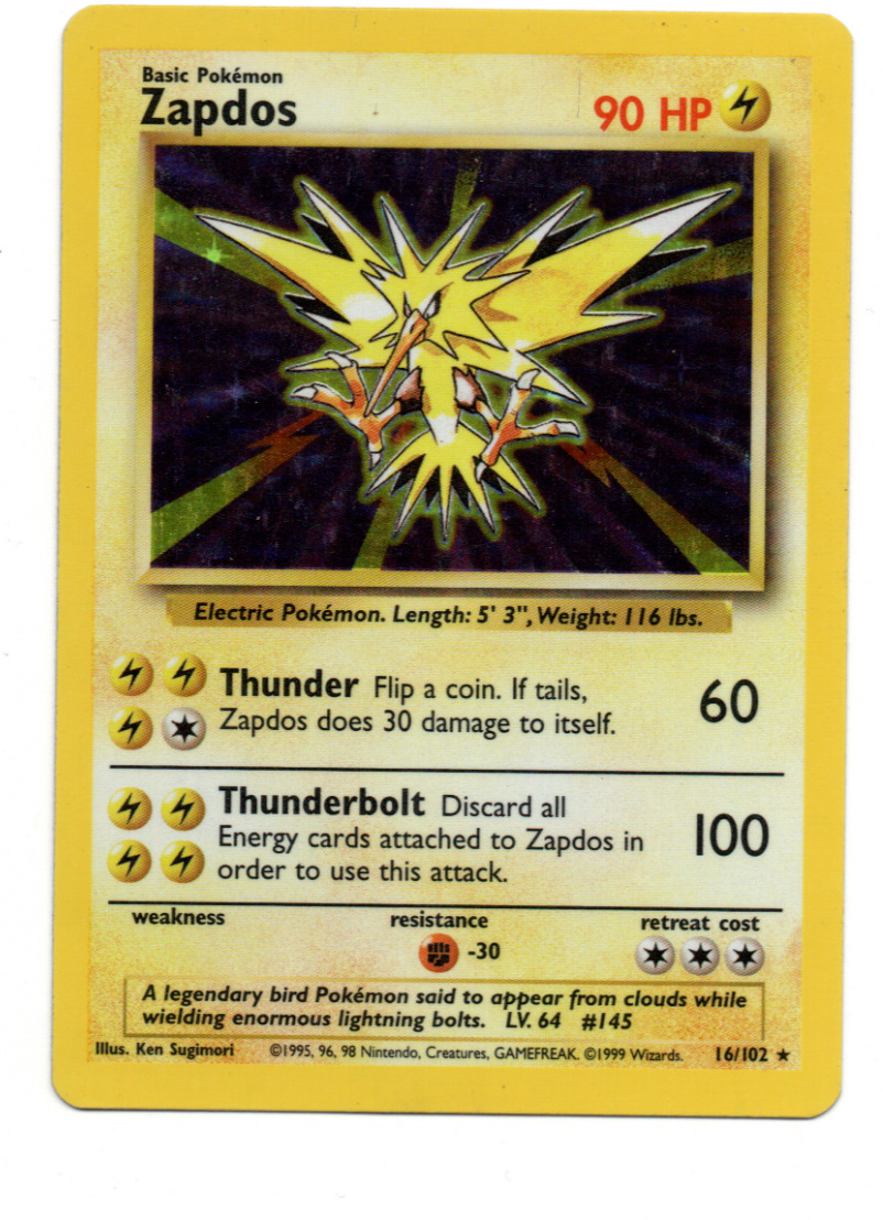 Zapdos - Holo Foil Rare - Pokemon card - 16/102 - Base Set - HP / Damaged