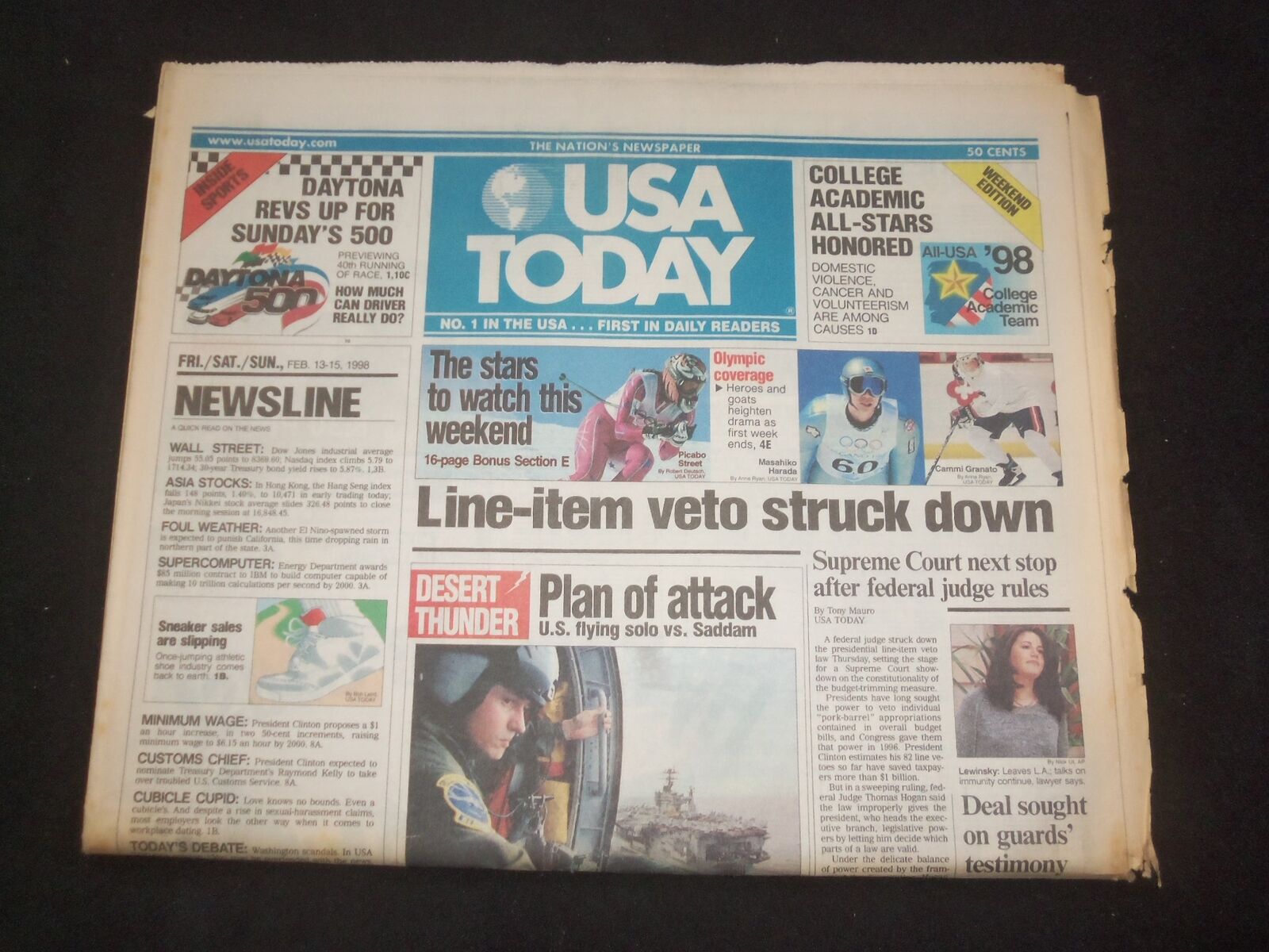 1998 FEBRUARY 13-15 USA TODAY NEWSPAPER - LINE-ITEM VETO STRUCK DOWN - NP 7905