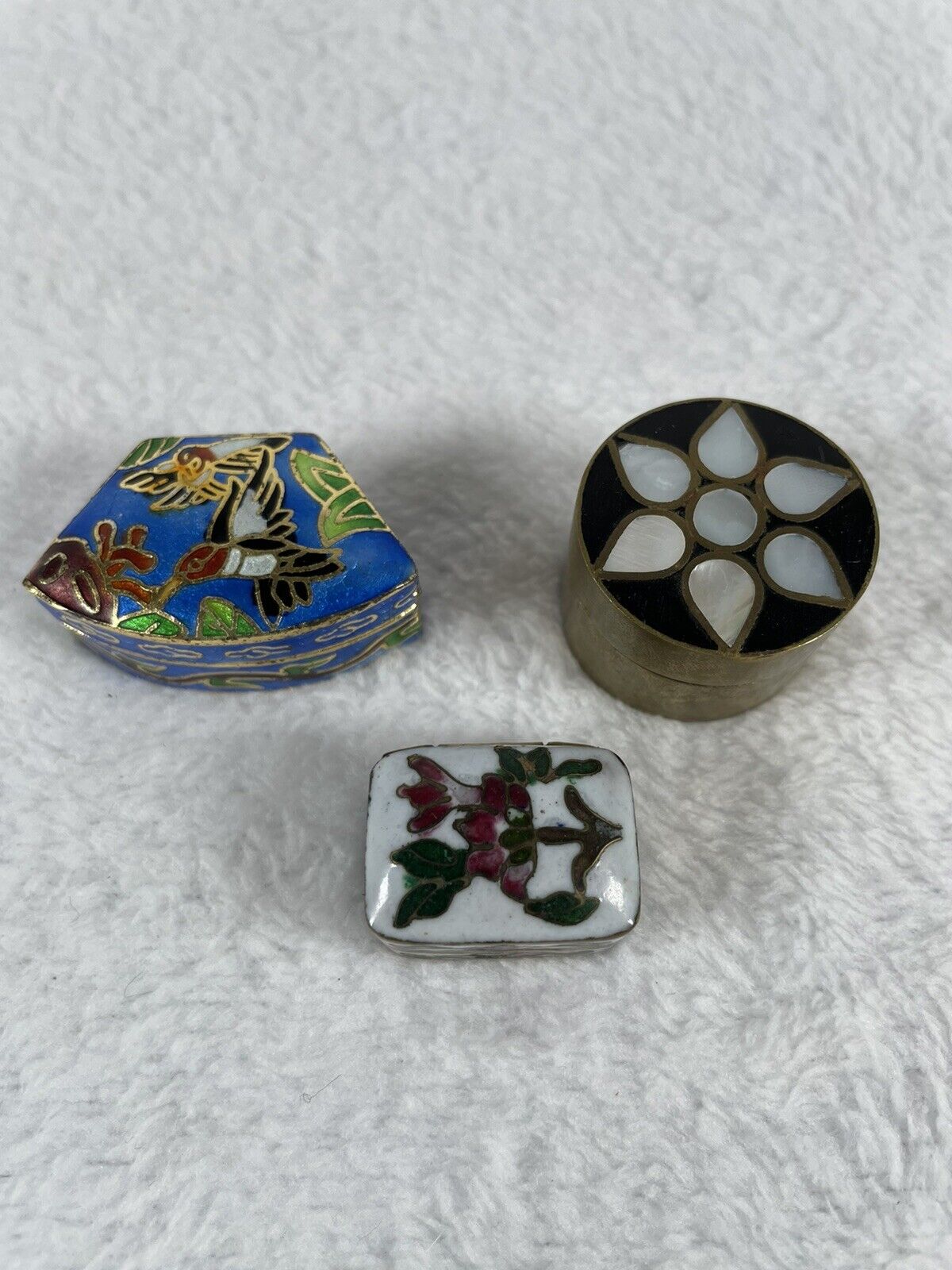 Vintage Group (3) of Miniature Pill/Trinket Boxes Cloisonné Brass Floral Enamel
