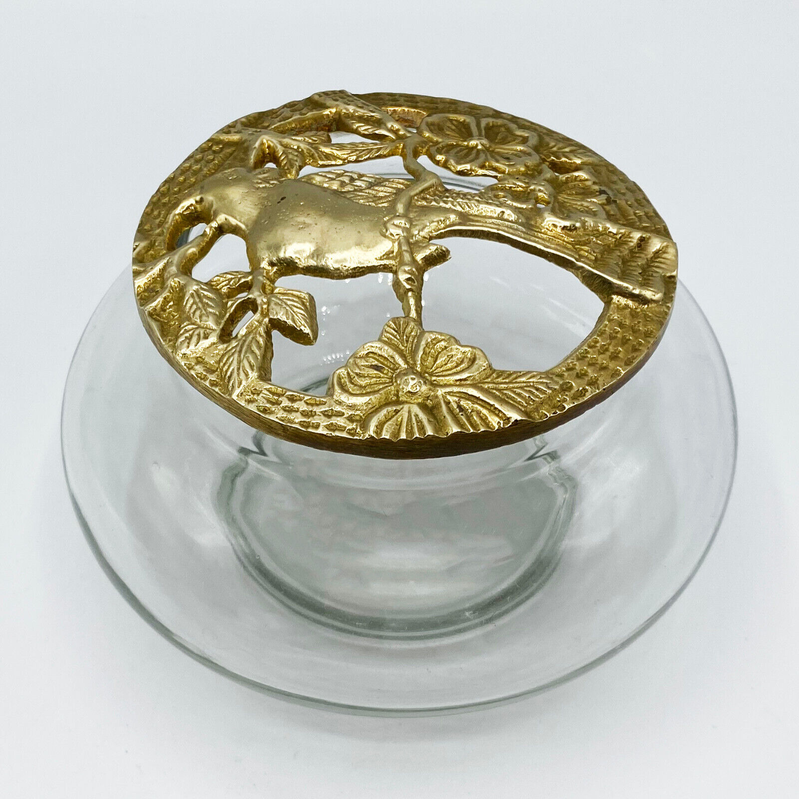 Vintage Potpourri Glass Jar with Cast Brass Lid - Crested Bird & Dogwood Motif