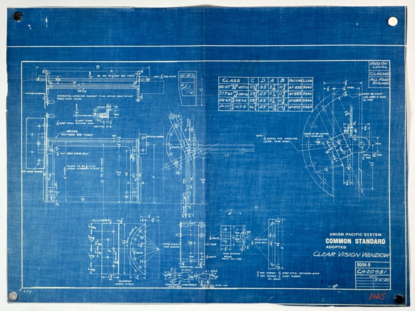 1920 Union Pacific/  Utah Railroad Blueprint- Clear Vision Window - 20\'\' x 15\'\'