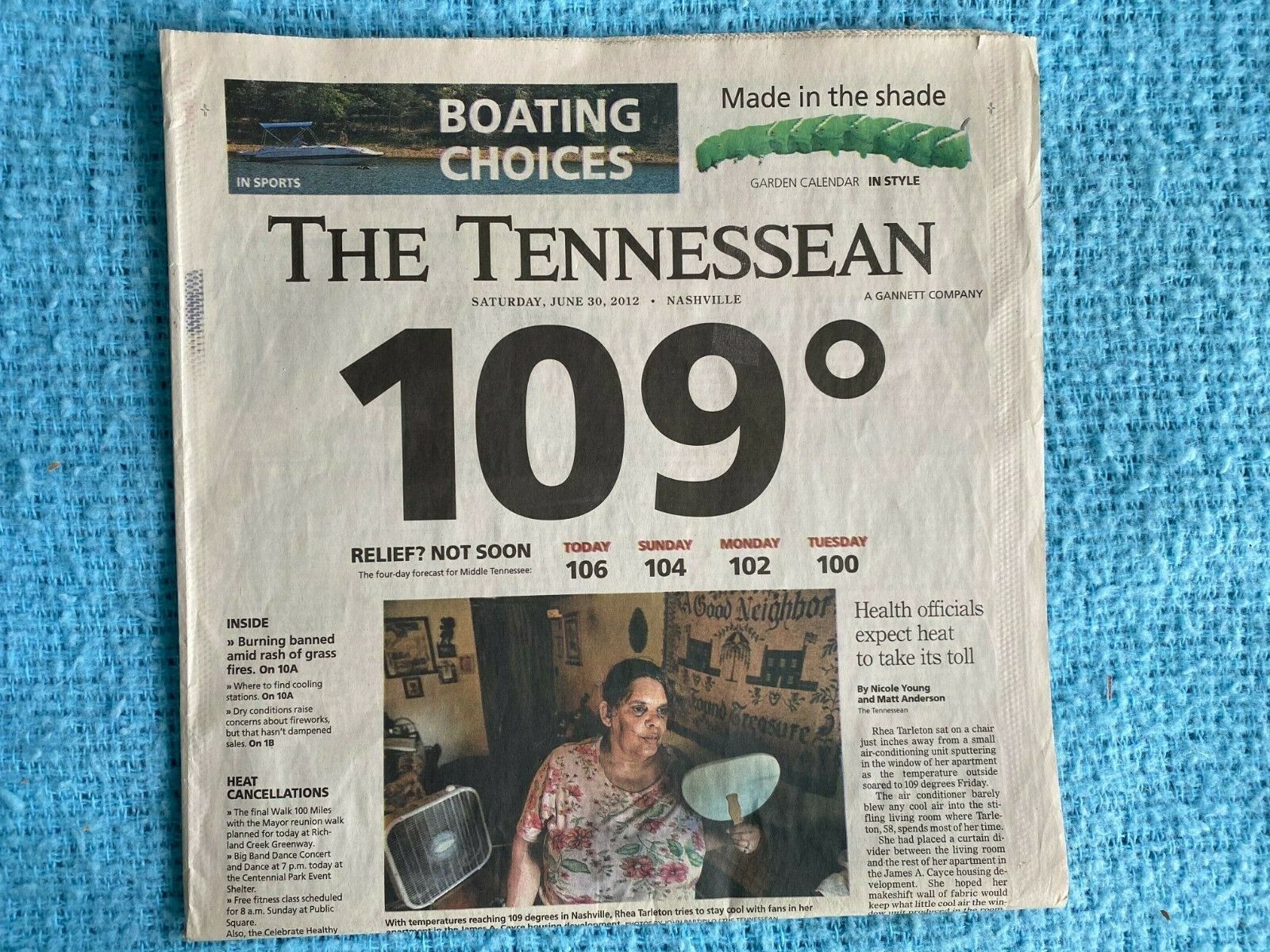 Record Temperature Nashville 109, June 30, 2012 Tennessean Newspaper Weather