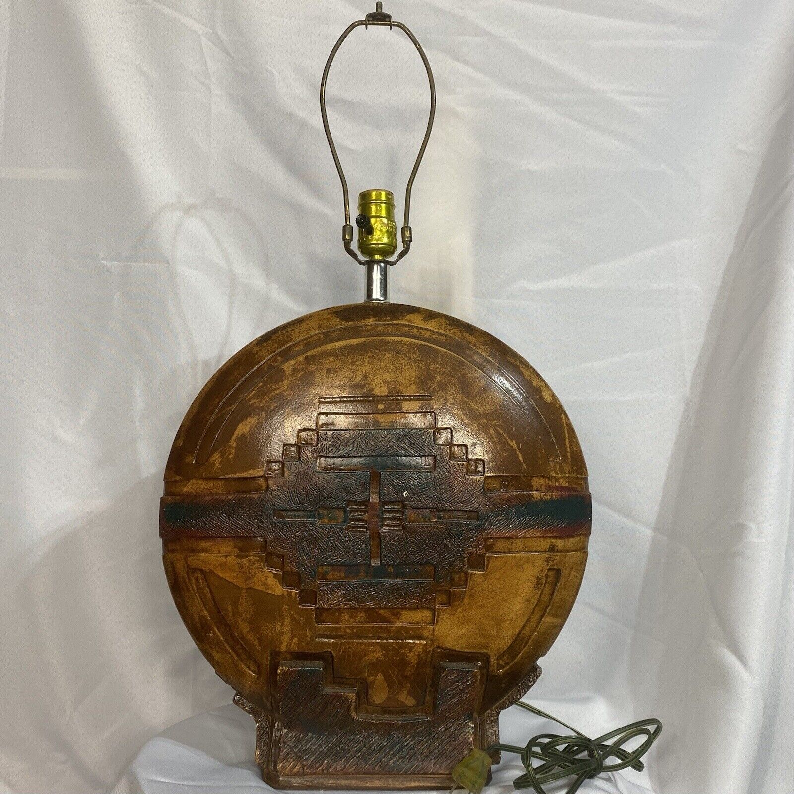 Vintage Carved Wood Round Tiki Lamp Made In Honduras Leviton Tested & Works