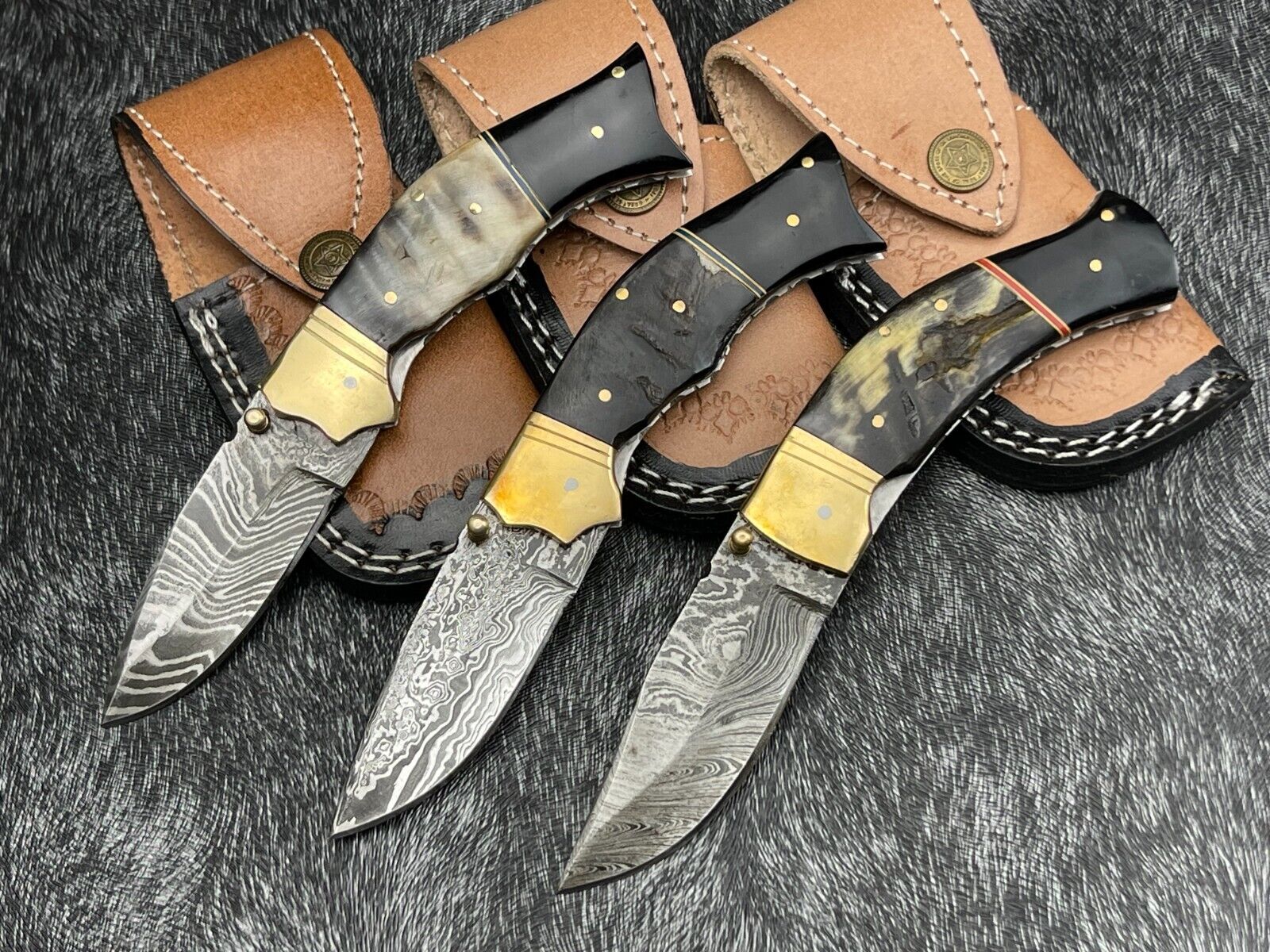 Handmade Damascus Steel LOT OF 3PCS Pocket Folding Knife BL-2349W/Leather Sheath