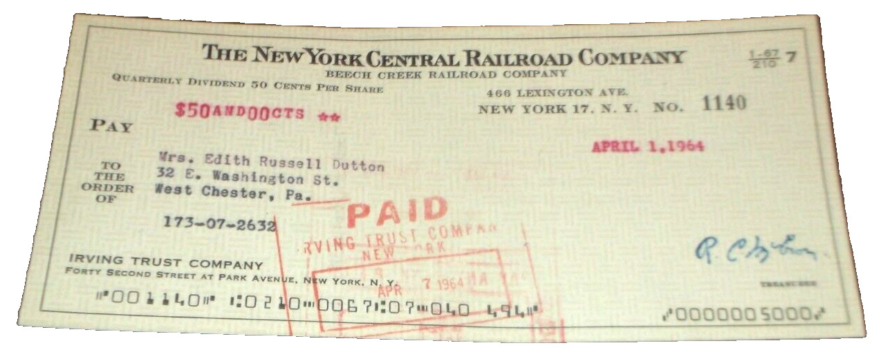 APRIL 1964 BEECH CREEK RAILROAD COMPANY NYC NEW YORK CENTRAL CHECK #1140