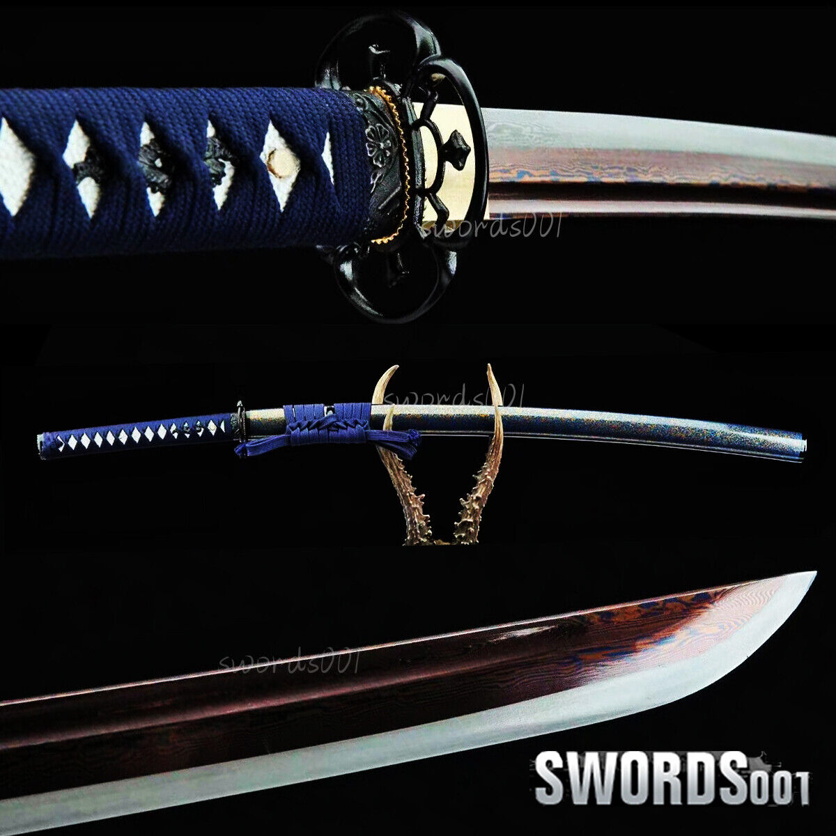 elegant blue ito Japanese Samurai Katana Sword folded steel bloody red blade