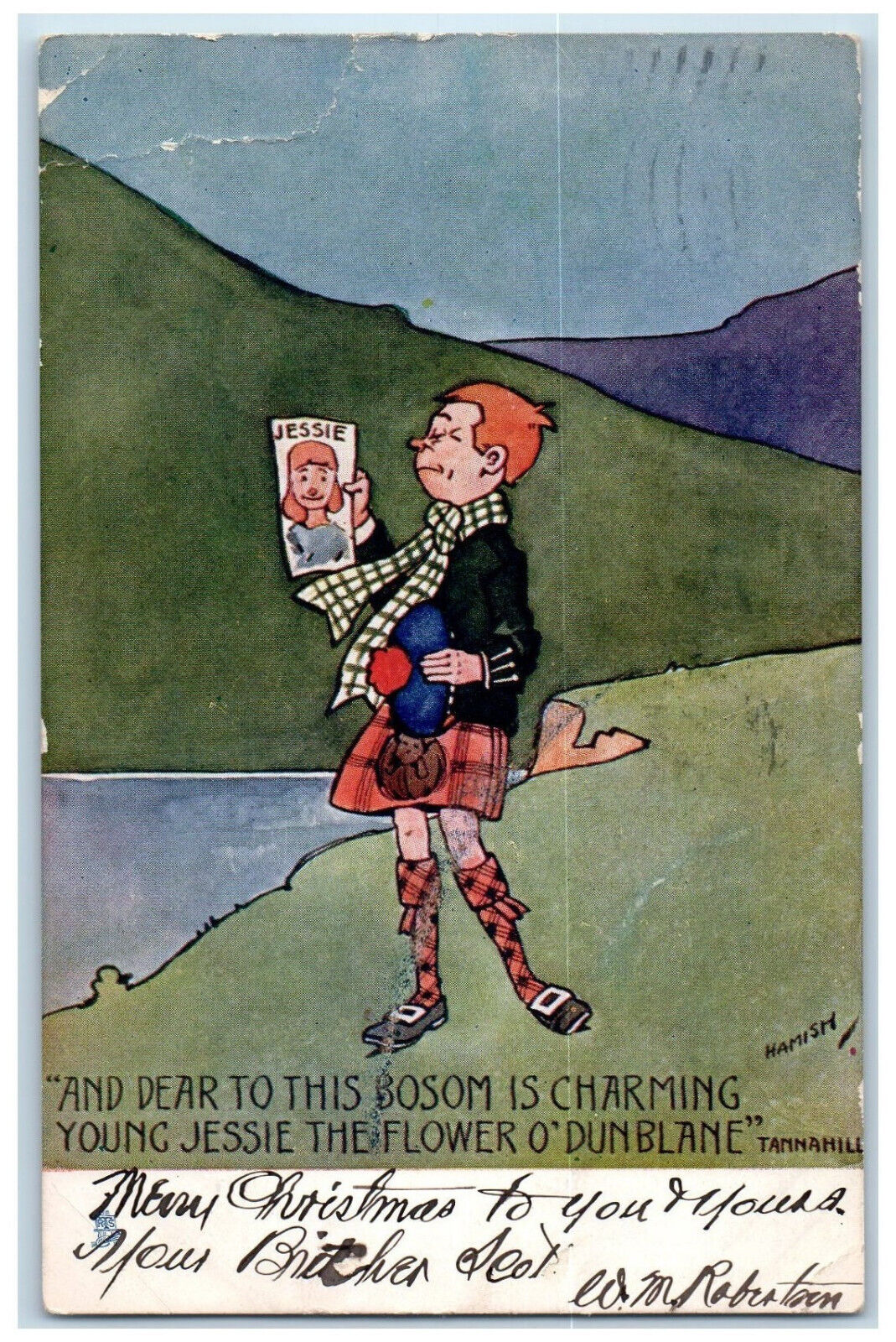 1905 Male Holding Picture of Young Jessie Highland Laddie Oilette Tuck Postcard