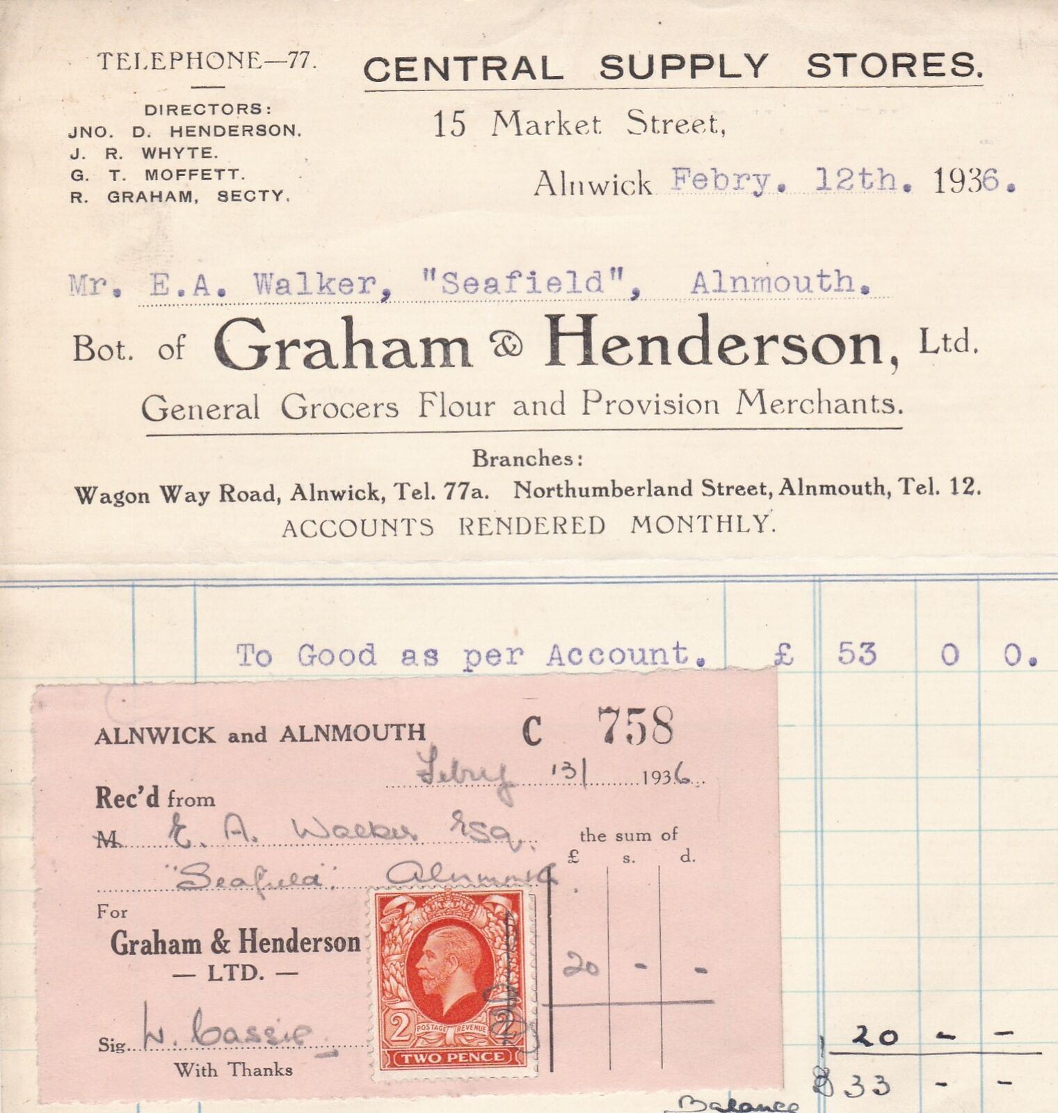 Central Supply Stores Graham & Henderson 1936 Invoice &  Stamp Receipt Rf 38986