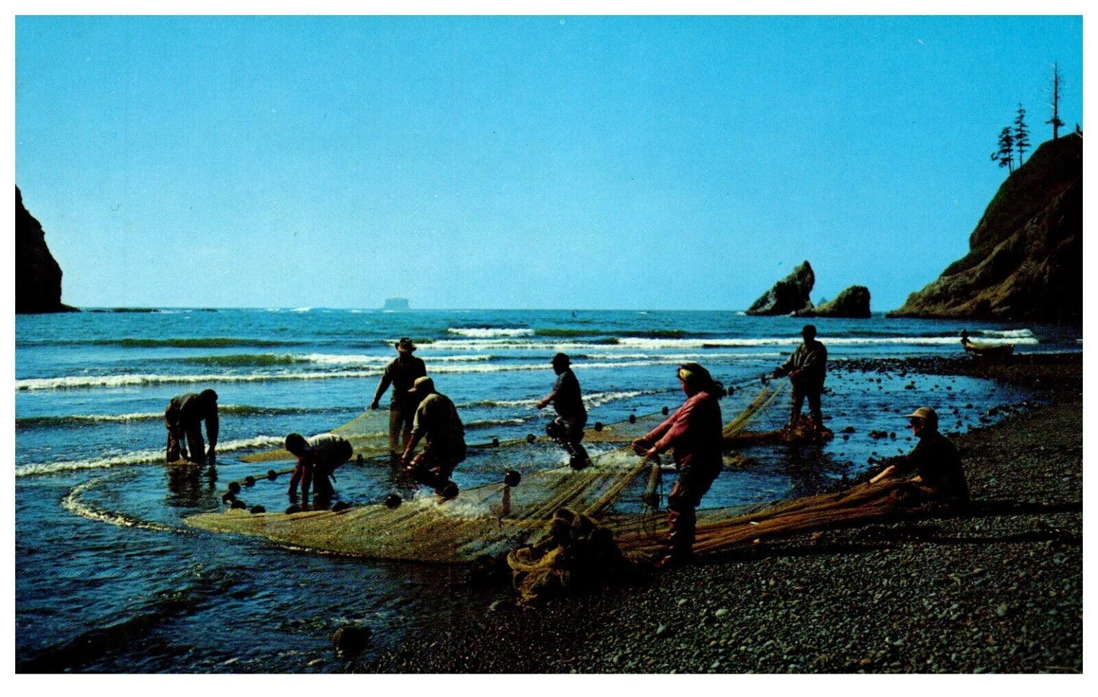 Smelt Fishing Pacific Ocean Seacoast Indigenous Fishermen Chrome Postcard c.1960