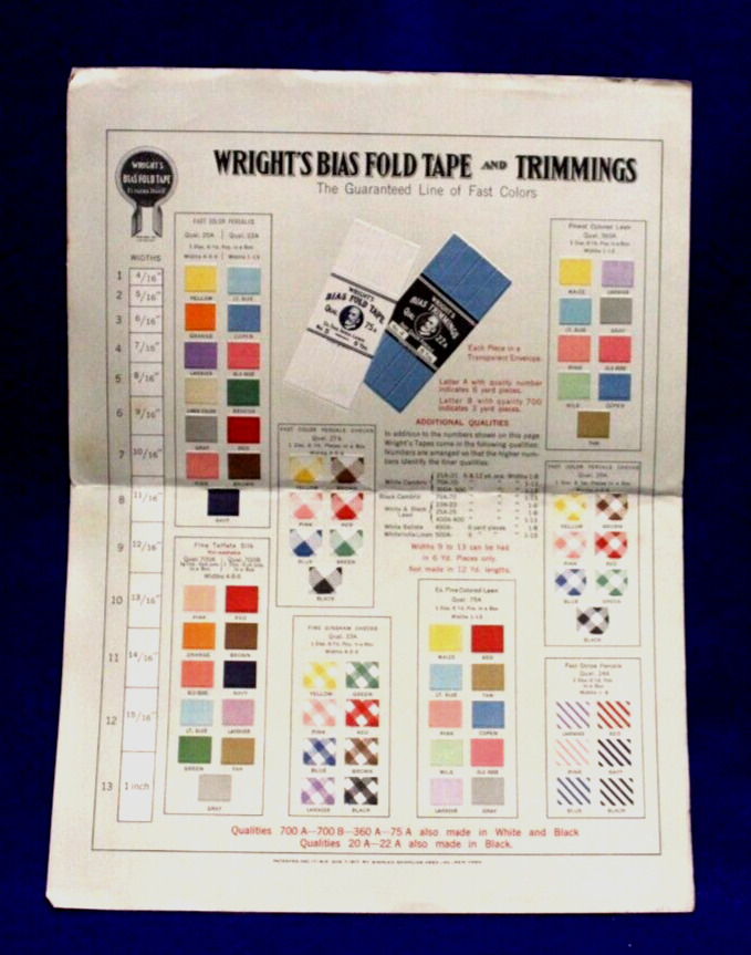 1917 WRIGHT\'S BIAS FOLD TAPE and TRIMMING Color Chart Hard to Find COLOR Samples
