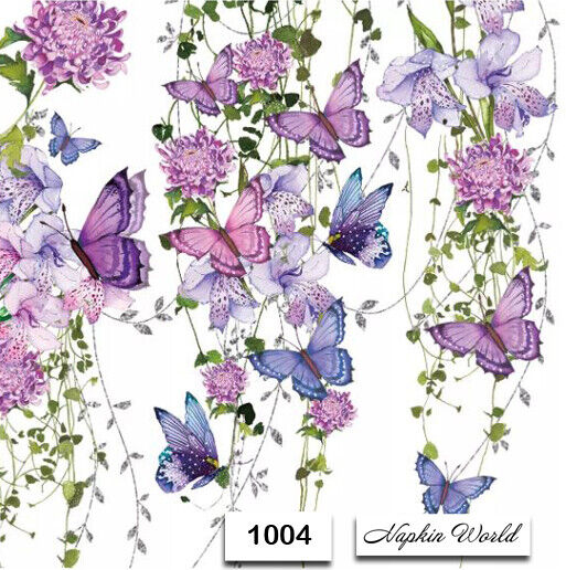 (1004) TWO Paper LUNCHEON Decoupage Art Craft Napkins - VINES BUTTERFLY FLOWERS