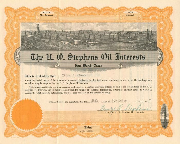 H.O. Stephens Oil Interests - $60.00 - Bond - Oil Stocks and Bonds