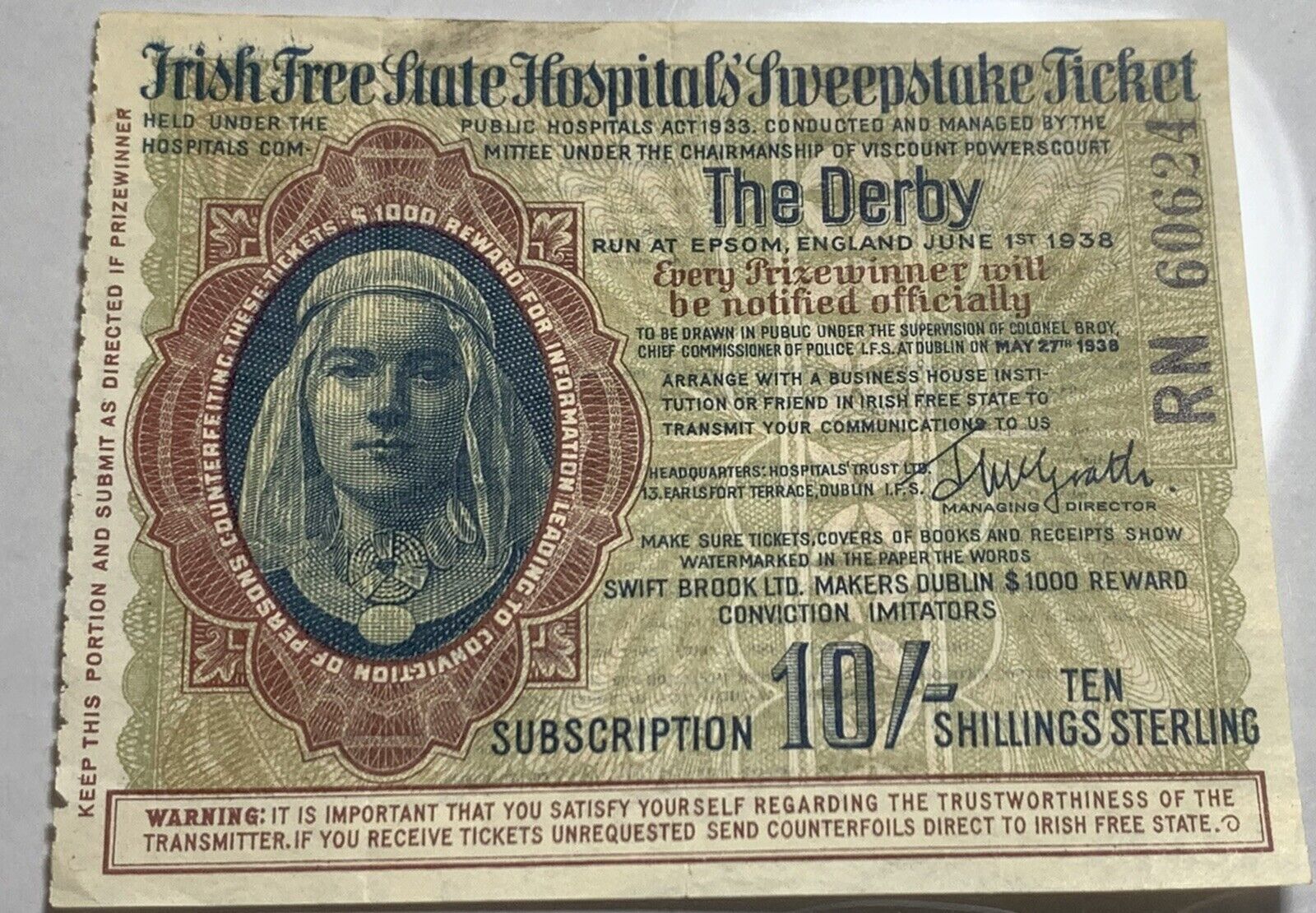 Irish Free State Hospital Sweepstake Ticket  - May 27, 1938