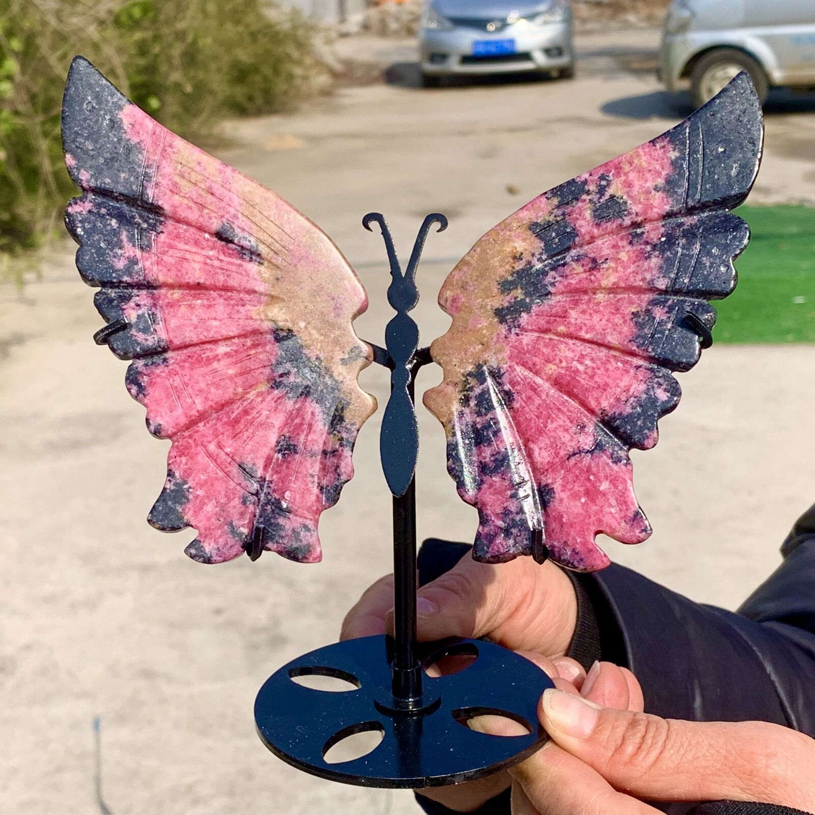 284G Natural pink Rhodonite Handcarved butterfly Crystal Specimen+stand