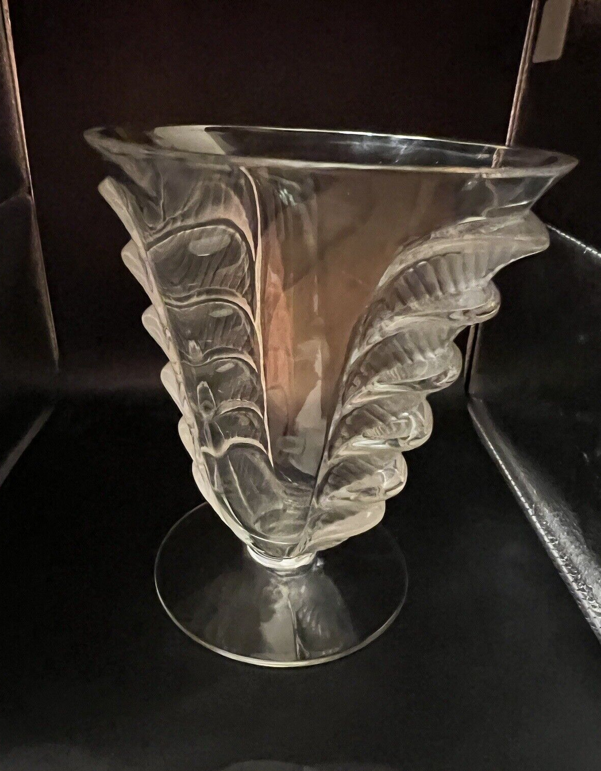 Lalique Crystal Gentiane Vase Frosted Leafy Sides France OLD LALIQUE Sig