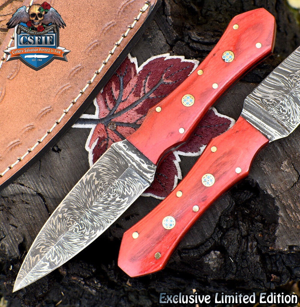 CSFIF Custom Hunting Knife Twist Damascus Hard Wood Hiking Razor Sharp