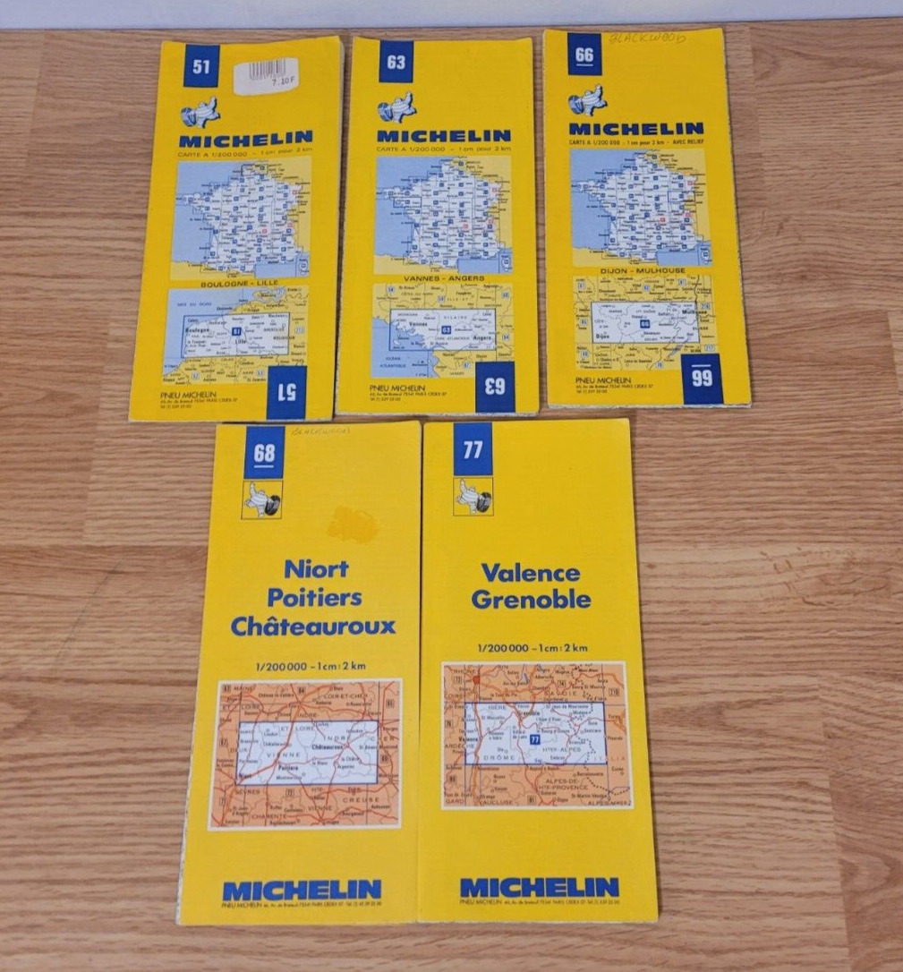 (5) 1980s Michelin France Road Maps 51, 63, 66, 68, & 77 Grenoble Lille Dijon