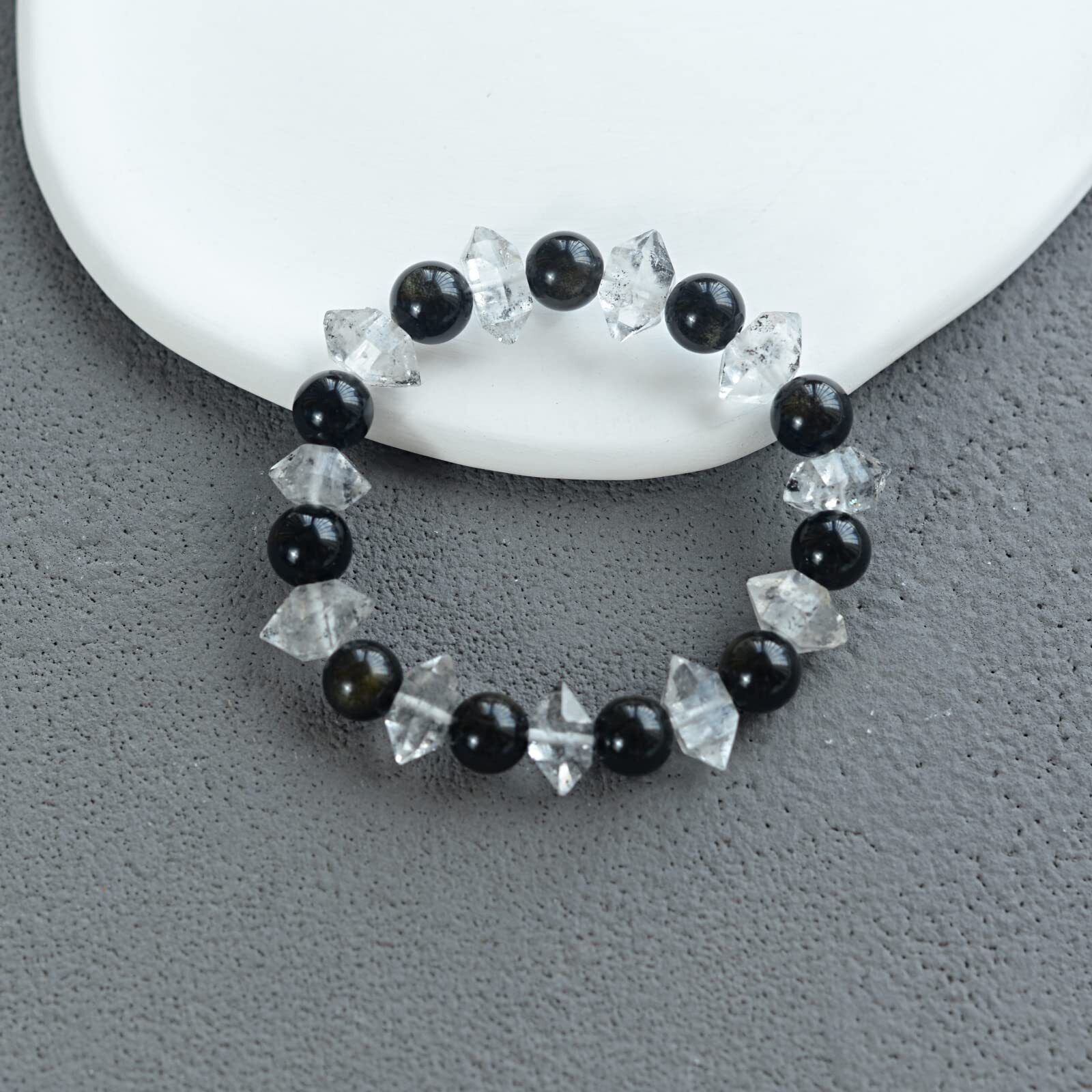Women Herkimer Diamond Black Obsidian Natural Crystal Beads Elastic Bracelet