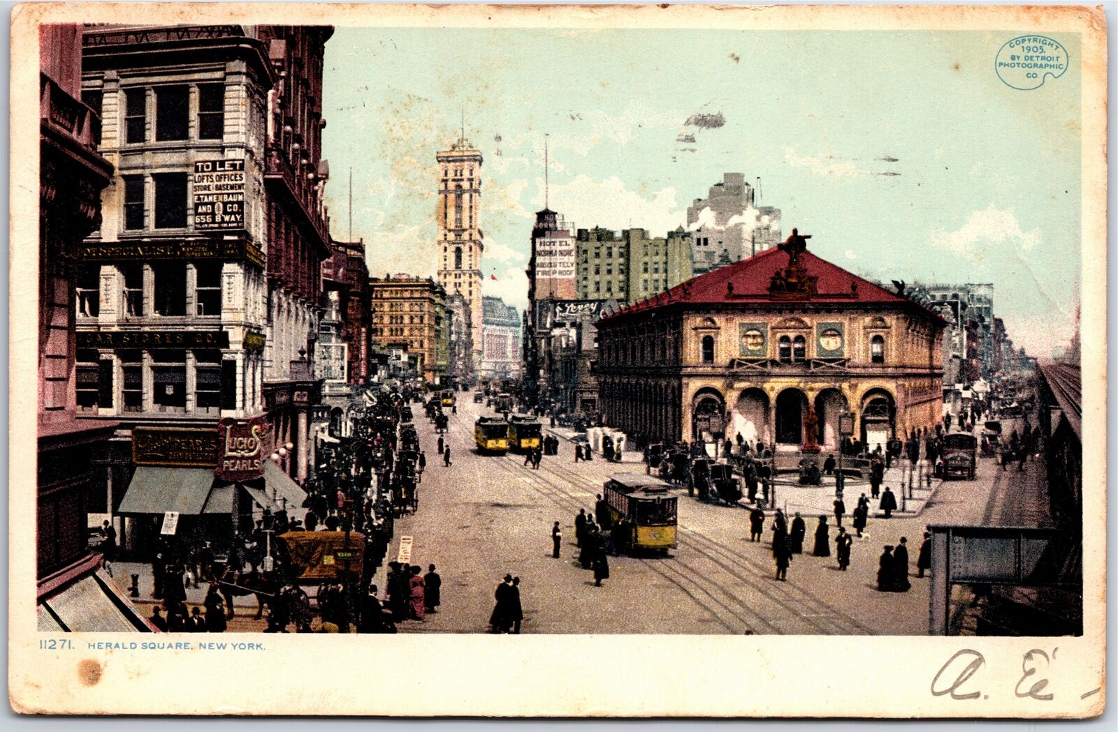 VINTAGE POSTCARD STREET SCENE TROLLEYS PEDESTRIANS HERALD SQUARE NEW YORK 1909