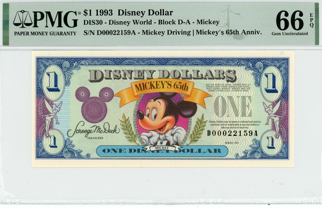 1993 $1 Disney Dollar Mickey 65th Anniv. PMG 66 EPQ (DIS30)