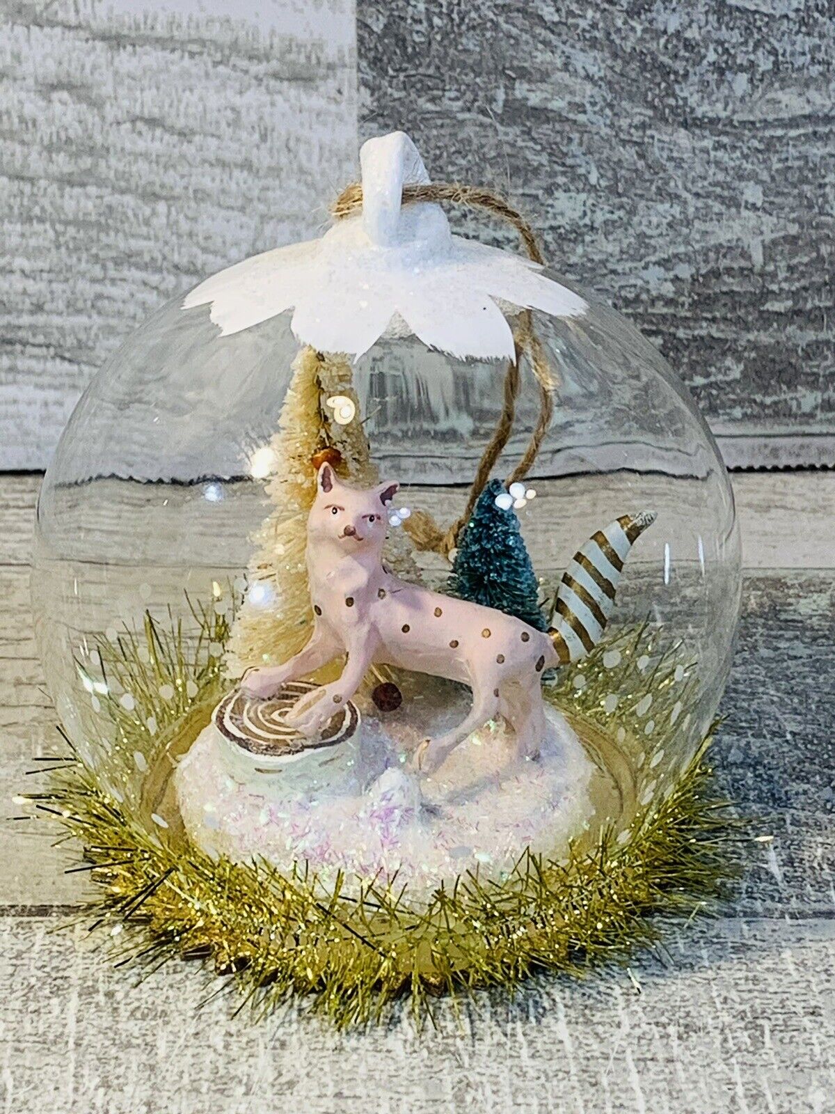Anthropologie Arctic Glass Snow Globe Bottle Brush Tree Pink Fox Ornament