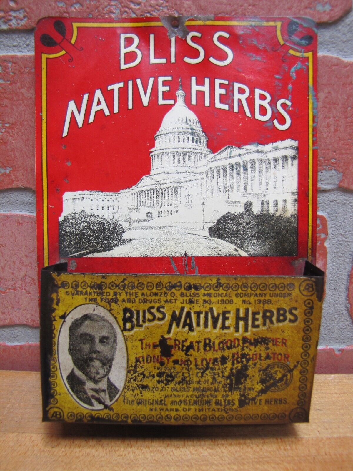 BLISS NATIVE HERBS Antique Tin Advertising Match Holder Sign BLOOD PURIFIER FDA