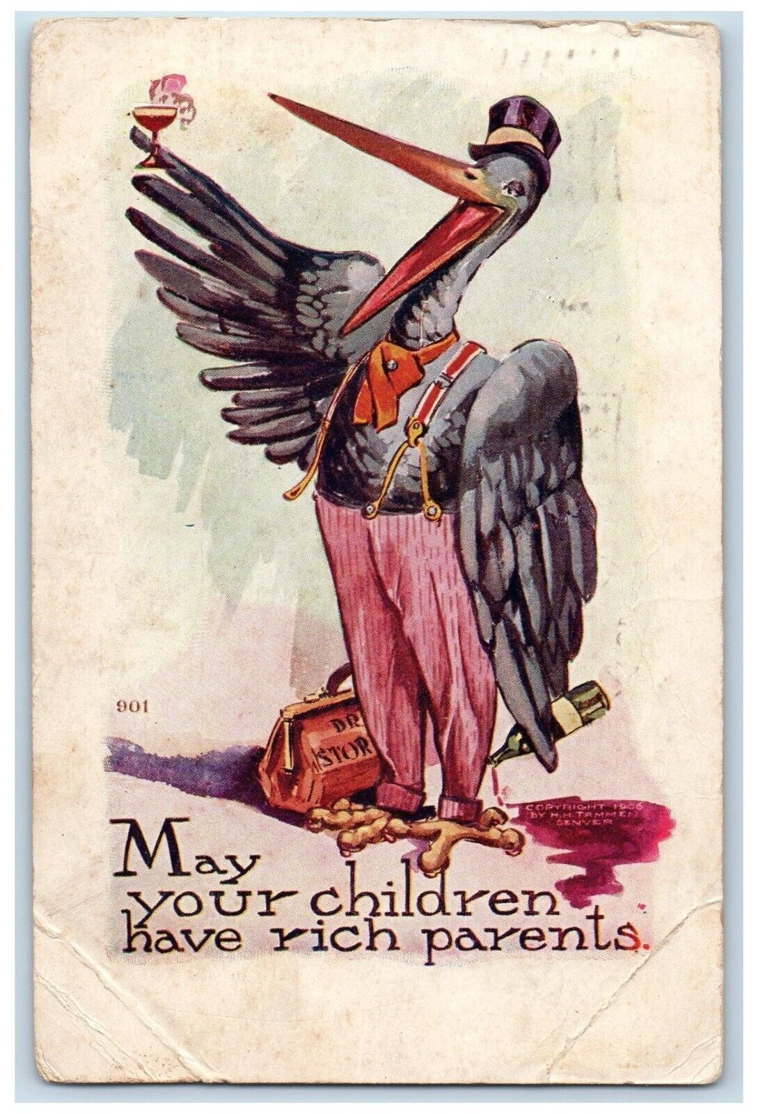 1909 Drunk Stork Doctor Rich Parent Titusville Pennsylvania PA Embossed Postcard