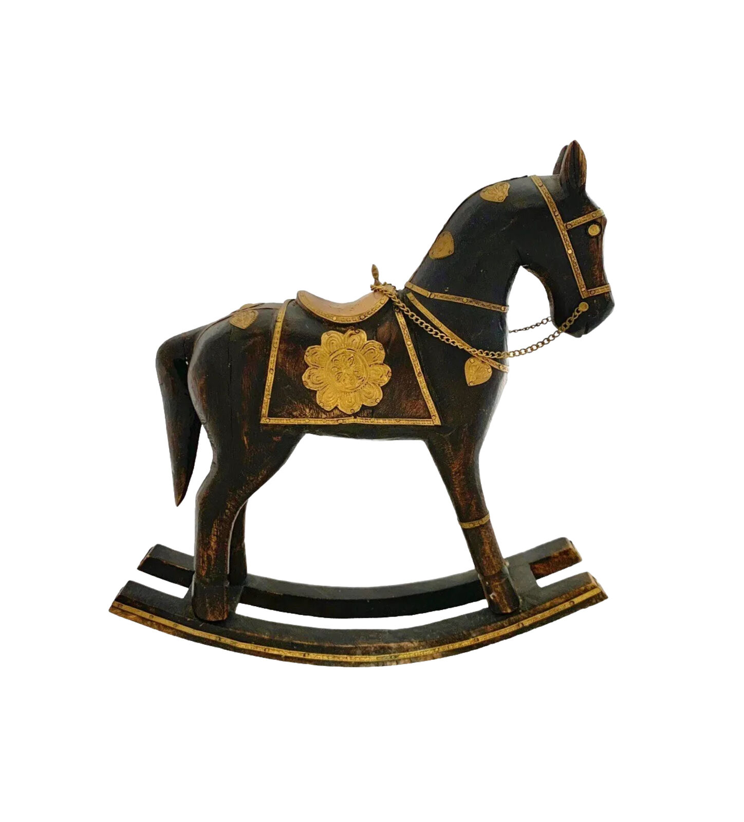 Rocking Horse Figurine Wood with Brass Accent Old World Vintage Decor