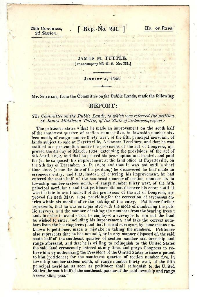 1838 Comte. Public Lands: James M. Tuttle Land Entry Error Correction