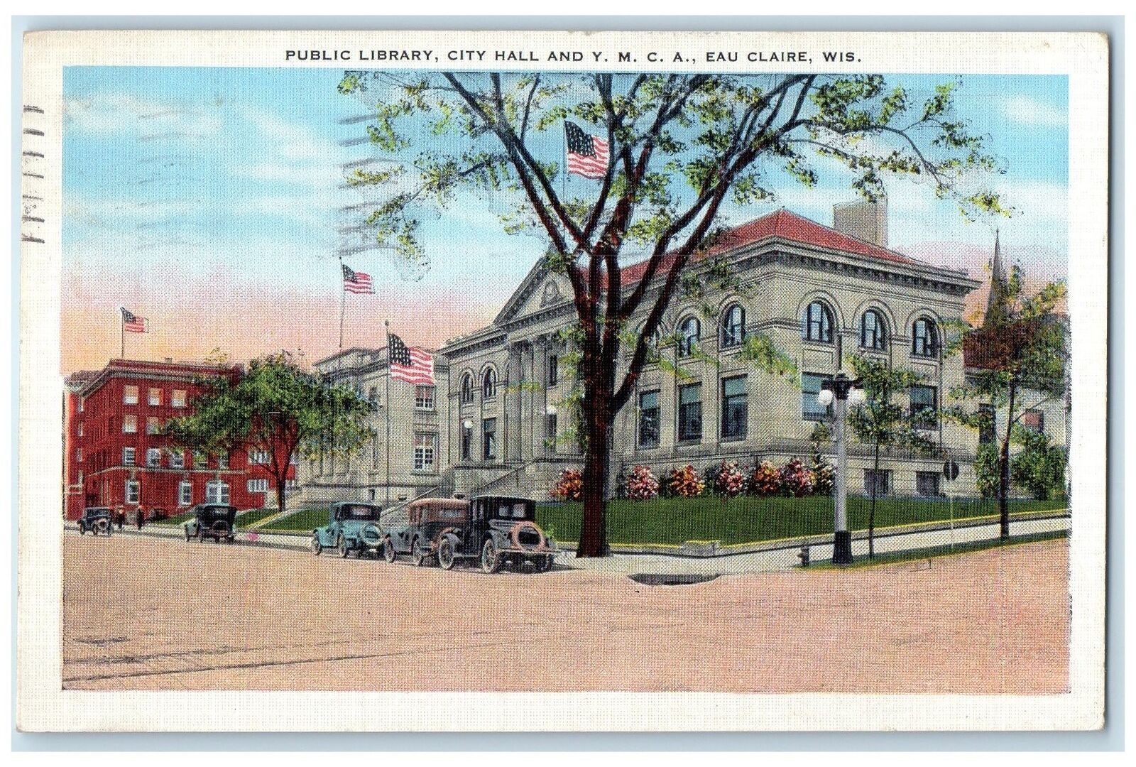1936 Public Library City Hall YMCA Classic Cars Eau Clair Wisconsin WI Postcard