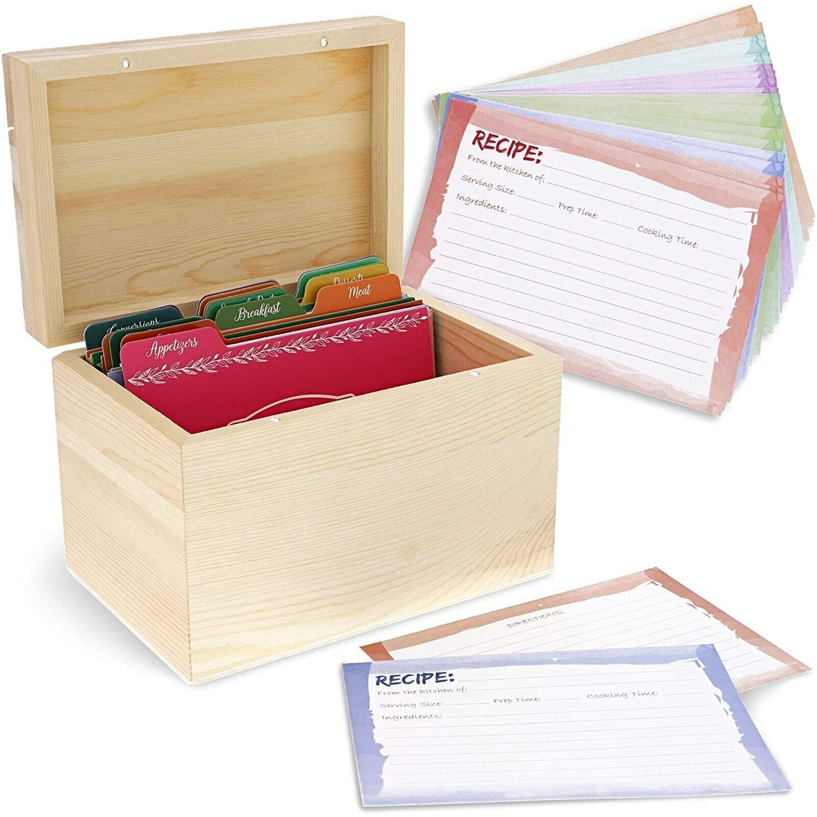 Unfinished Wood Recipe Box for DIY Crafts with Cards & Dividers,7.2
