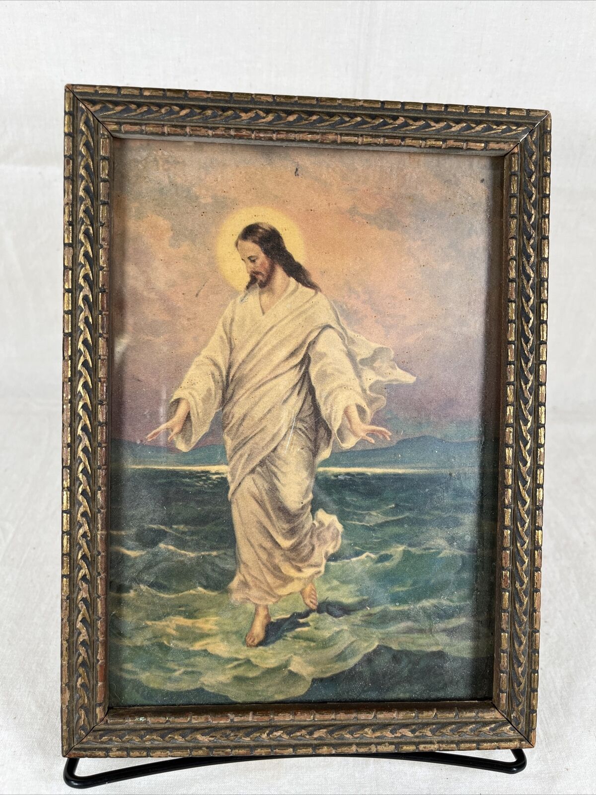 Vintage Print Jesus Walking on Water 5”x7”Glass w/Frame 5.75”x7.75”