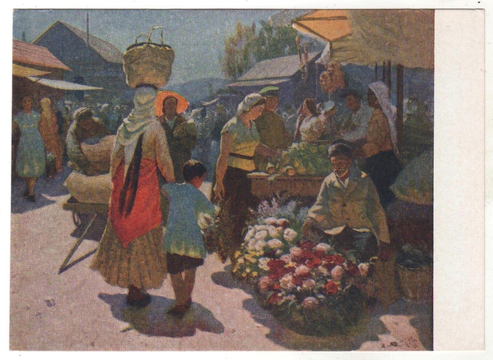 1958 Spring Bazaar Azerbaijan agriculture Harvest Ethnic ART Russia postcard old