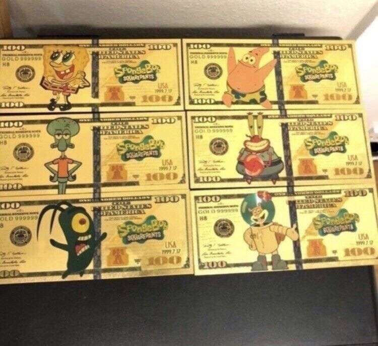 24k Gold Foil Plated SpongeBob Square Pants Banknote Set Collectible