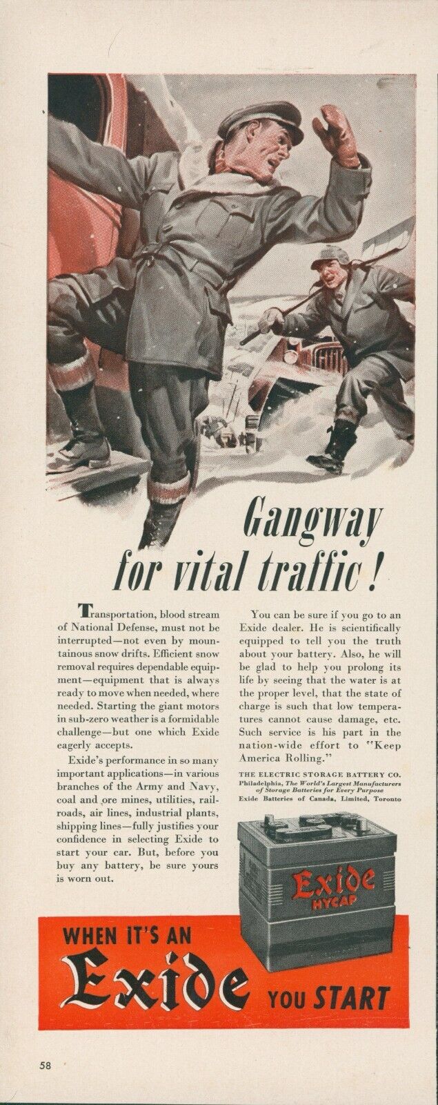 1942 Exide Car Battery Snow Removal Equipment Vital Traffic Vintage Print Ad L26