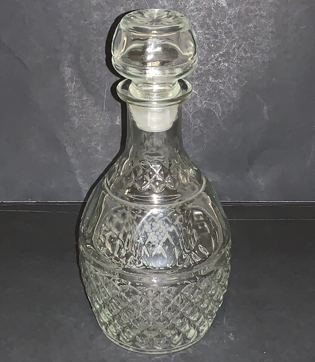 Vintage Whiskey Wine Exquisite CUT GLASS DECANTER Etch Crown Royal Grape Stopper