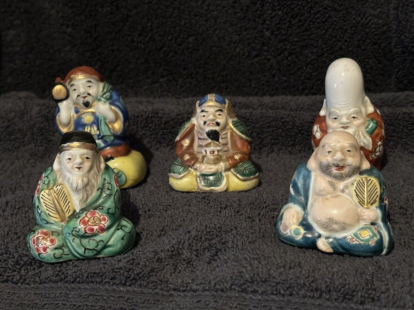 Vintage Japanese Kutani Five Lucky Gods Moriage Porcelain Figurines-5 Immortals