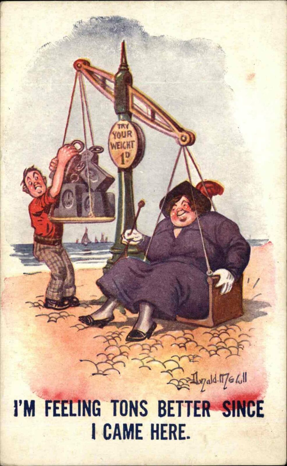 Donald McGill Obese Fat Woman on Scale at Beach c1915 Postcard