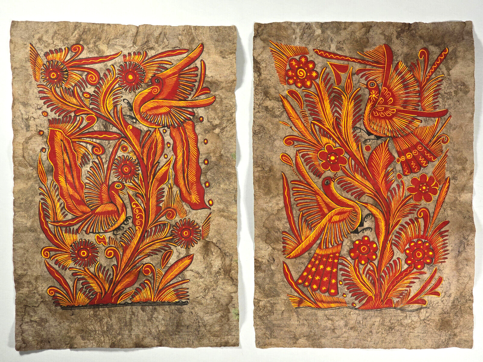 Matching Set of 2 Mexican Folk Art Floral Bird Paintings on Amate Bark Mexico