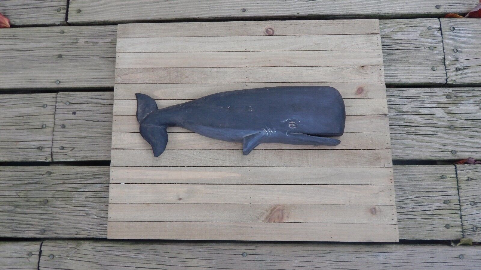 VINTAGE HAND CARVED WOOD SPERM WHALE ON WOOD WALL PLAQUE INTERNATIONAL SALE