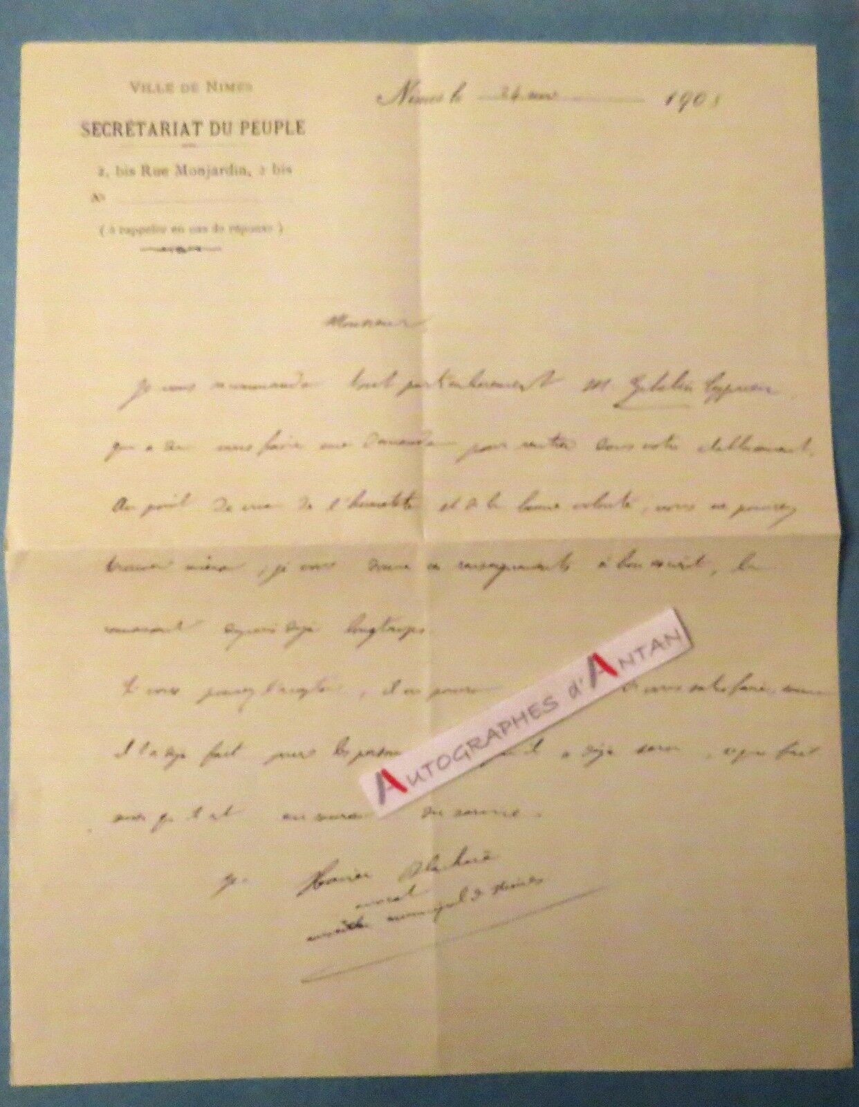 ♦ L.A.S 1905 Nimes People's Secretariat Xavier BLACHERE lawyer letter - Ghibelin