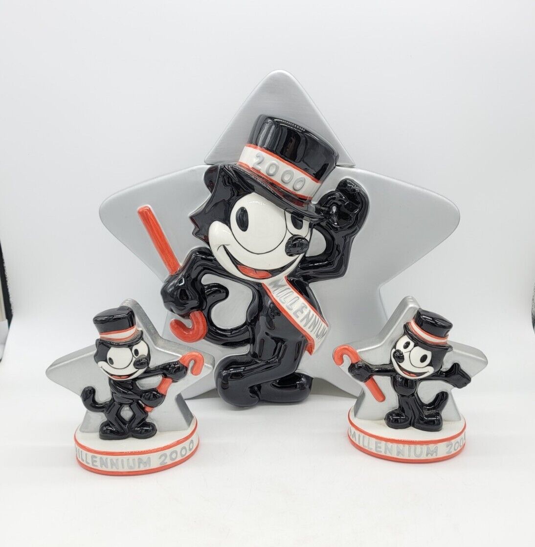 FELIX THE CAT Kitty Ceramic Cookie Jar & Shakers By Clay Art 2000 Millennium 