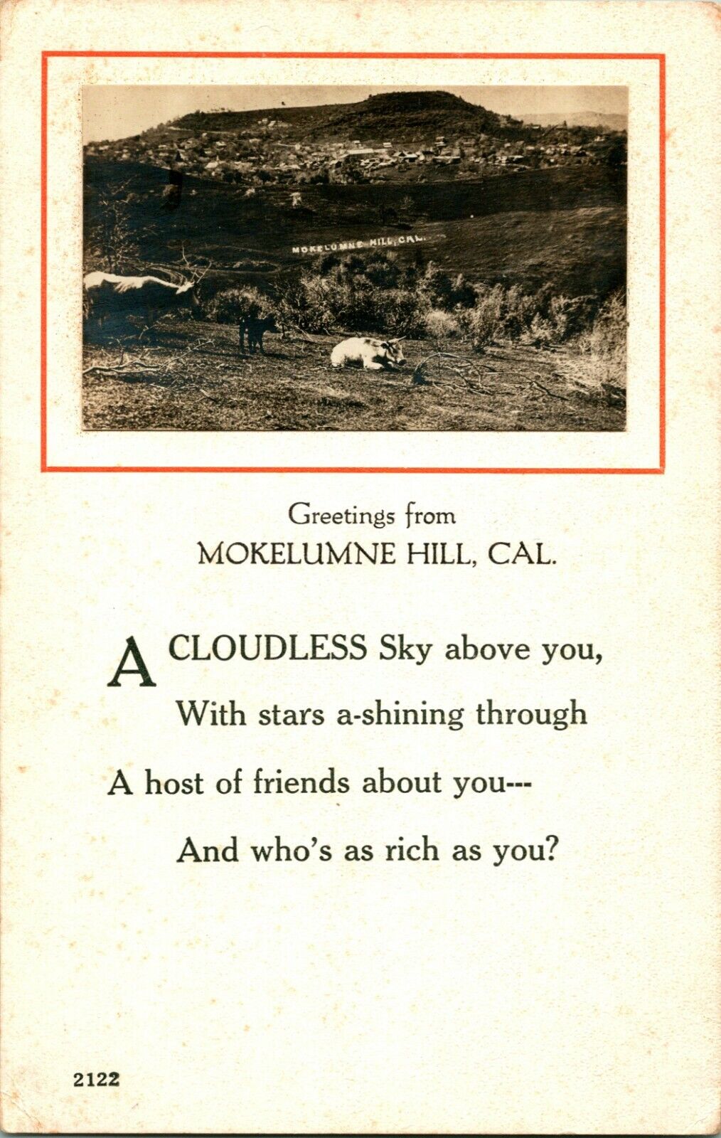 Vtg Postcard 1910s Greetings from Mokelumne Hill Applied Photograph  w Poem