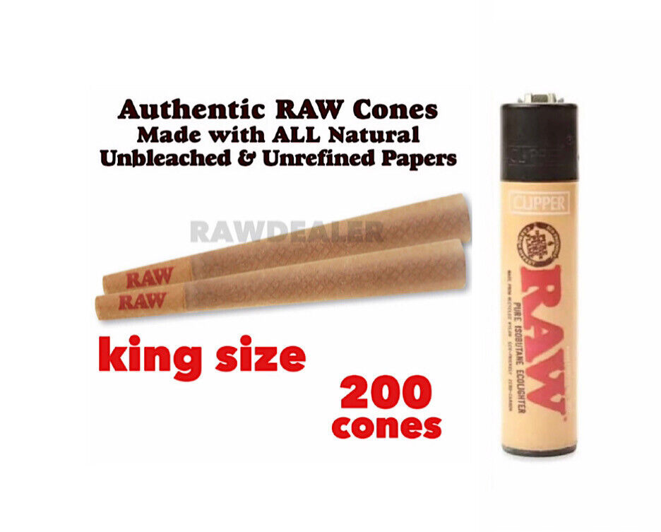 AUTHENTIC Raw King Size classic pre Rolled Cone (200 Pack)+ raw clipper lighter