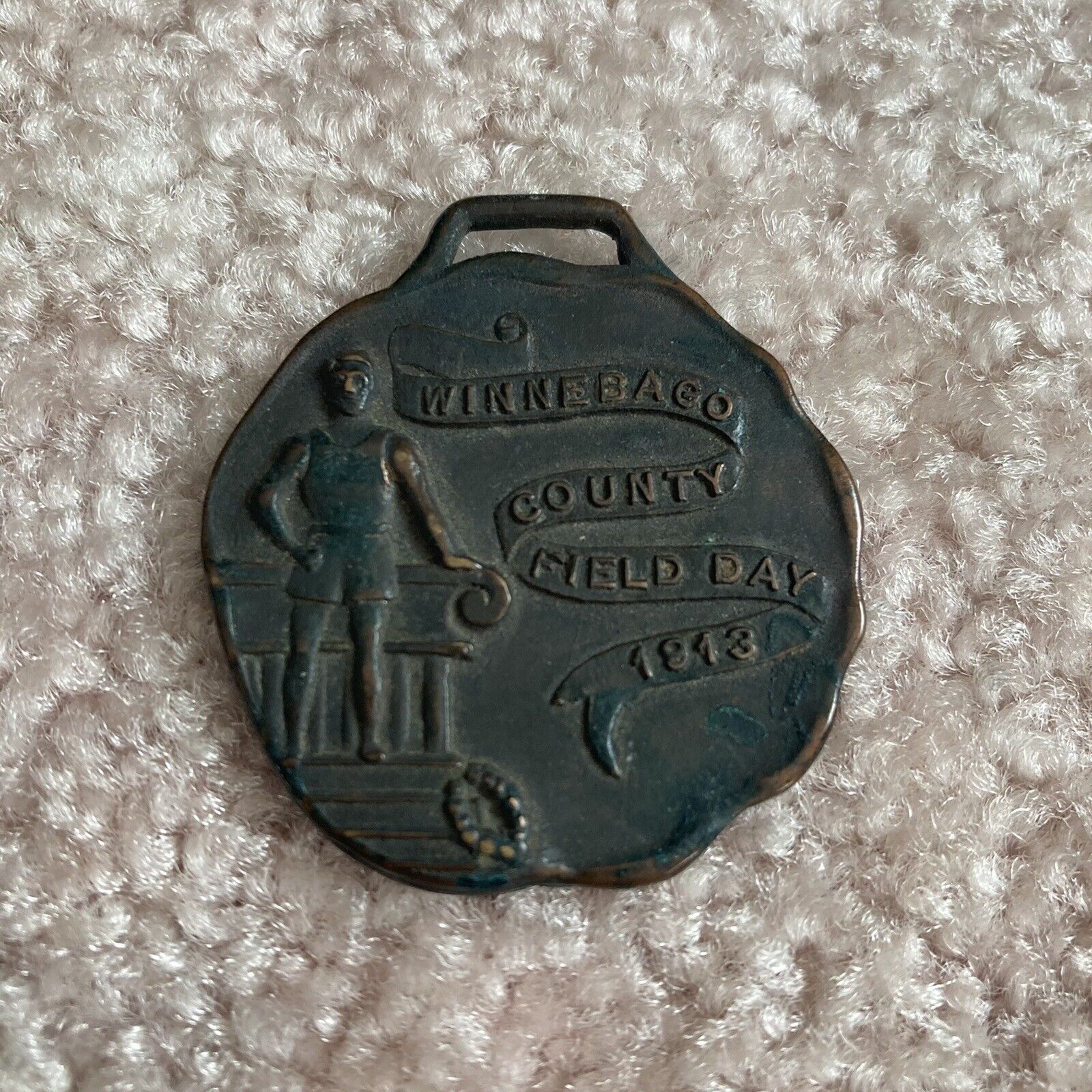Vintage 1913 Winnebago County Field Day Medal Badge Brass Copper Zinc iron gold