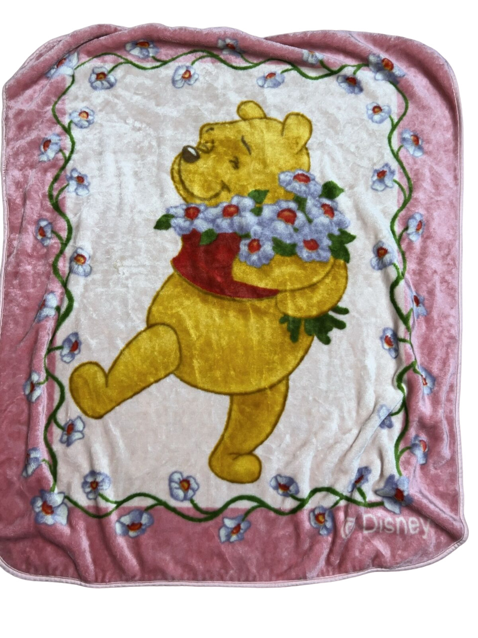Vintage Winnie the Pooh Thick Blanket Pink Flowers Toddler 42x55