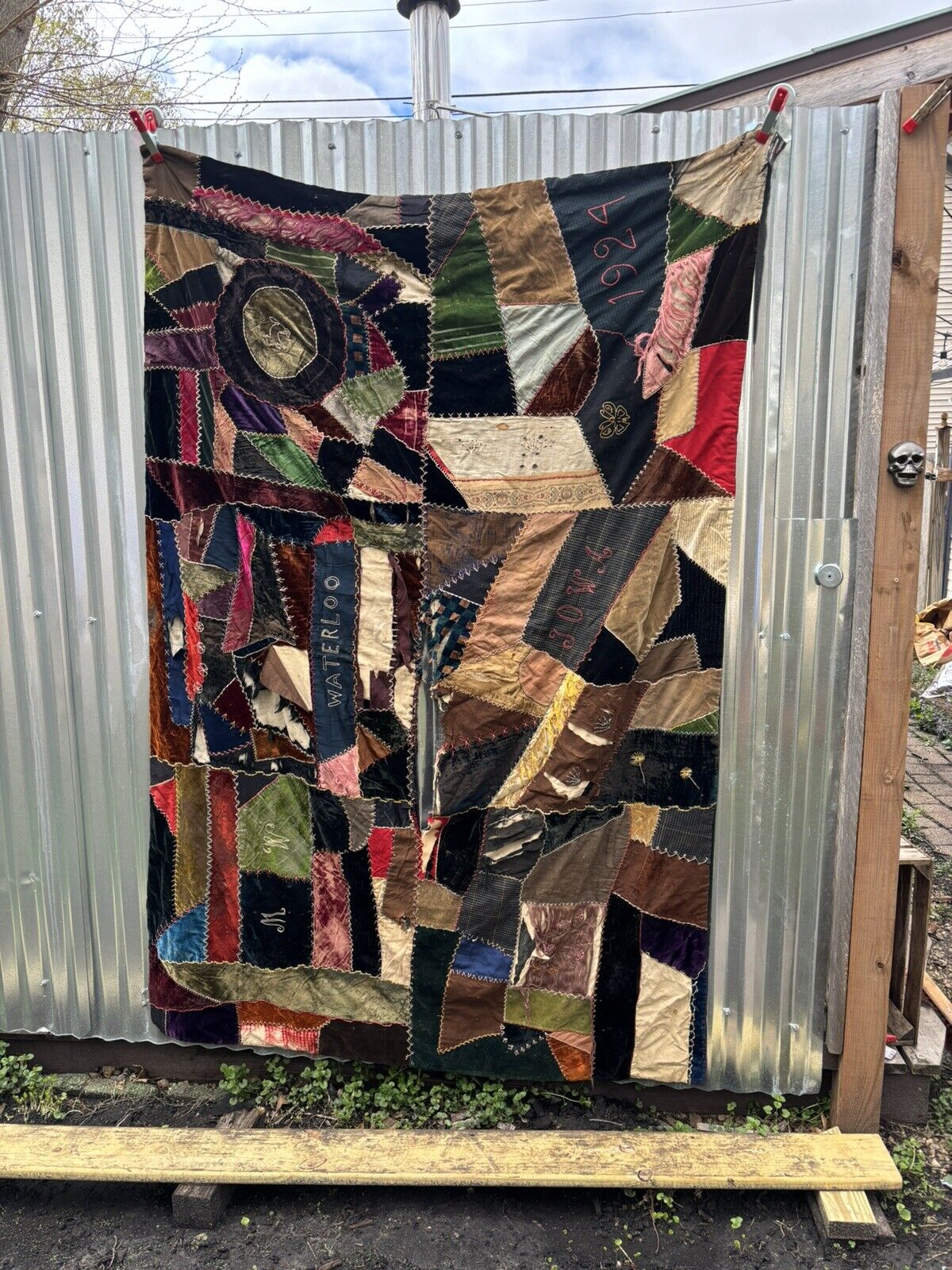 Antique Dated 1924 Crazy Patchwork Quilt Damaged 55”x80” Signed Waterloo Iowa