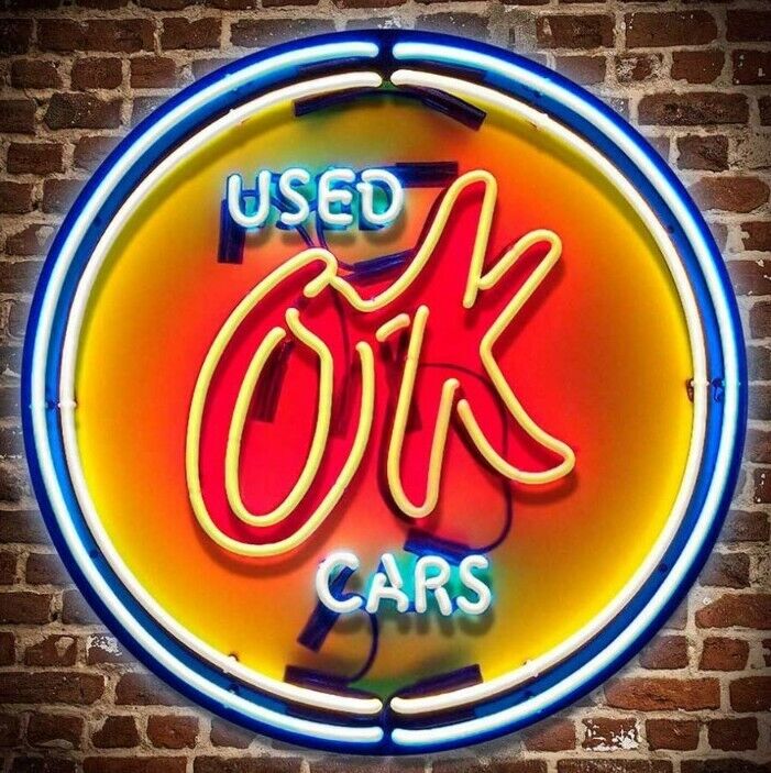 Ok Used Cars Vintage Metal Sign - Neon Colors - 18x18