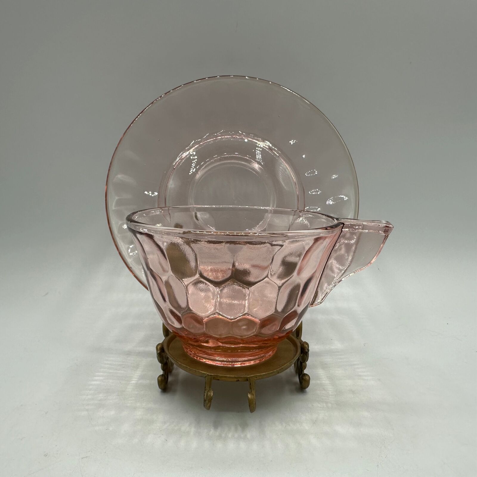 Jeannette Glass Pink Hex Optic Cup and Saucer, Depression Glass